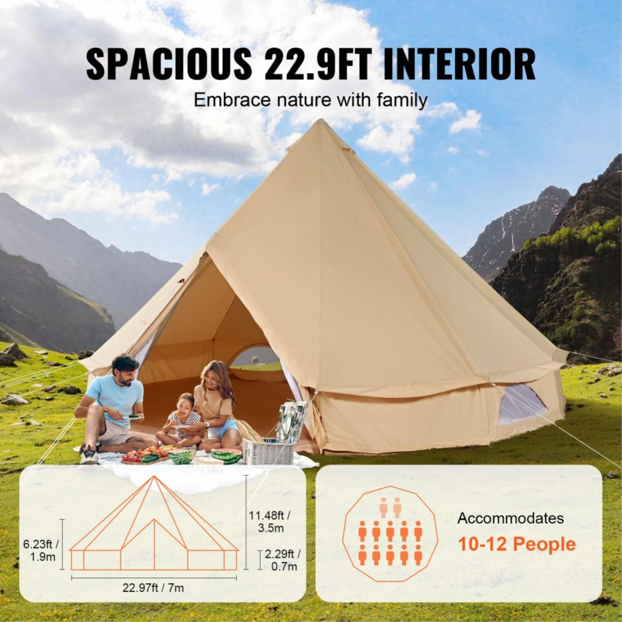 12-Person Waterproof Glamping Bell Tent with Stove Jack, Breathable Large Yurt Tent for Family Camping, 23'x23', Detachable Side Wall - Image 4