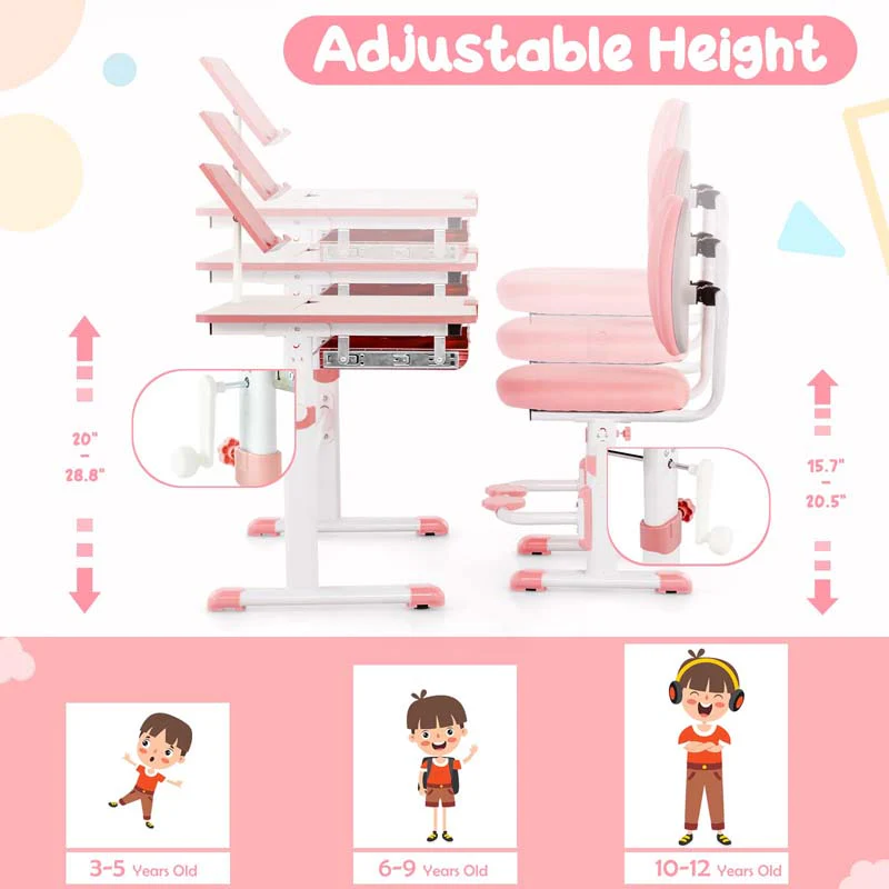 Eletriclife Height Adjustable Kids Study Desk Chair Set with Tilt Desktop