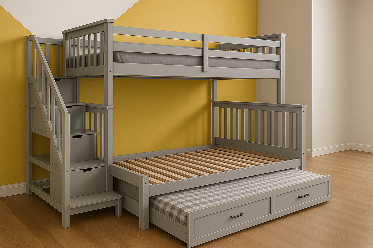 Litera Multifuncional Madera Escalera con Almacenaje Gris Niños Espacios Reducidos 240x100x160cm
