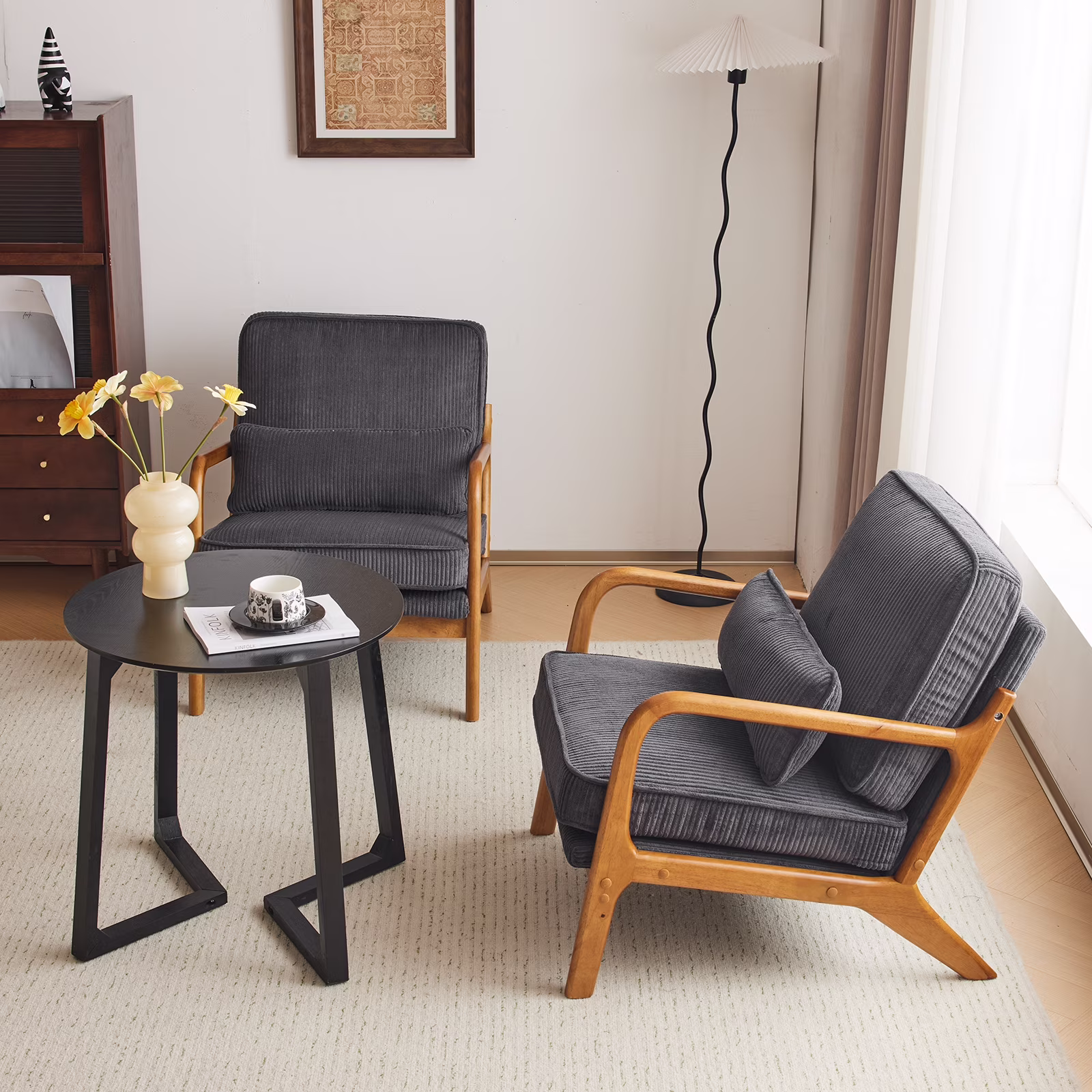 Ktaxon Accent Chair Corduroy Upholstered Armchair, Reading Club Chair with Pillow and Solid Wood Frame for Living Room Bedroom Furniture Off White - Image 30