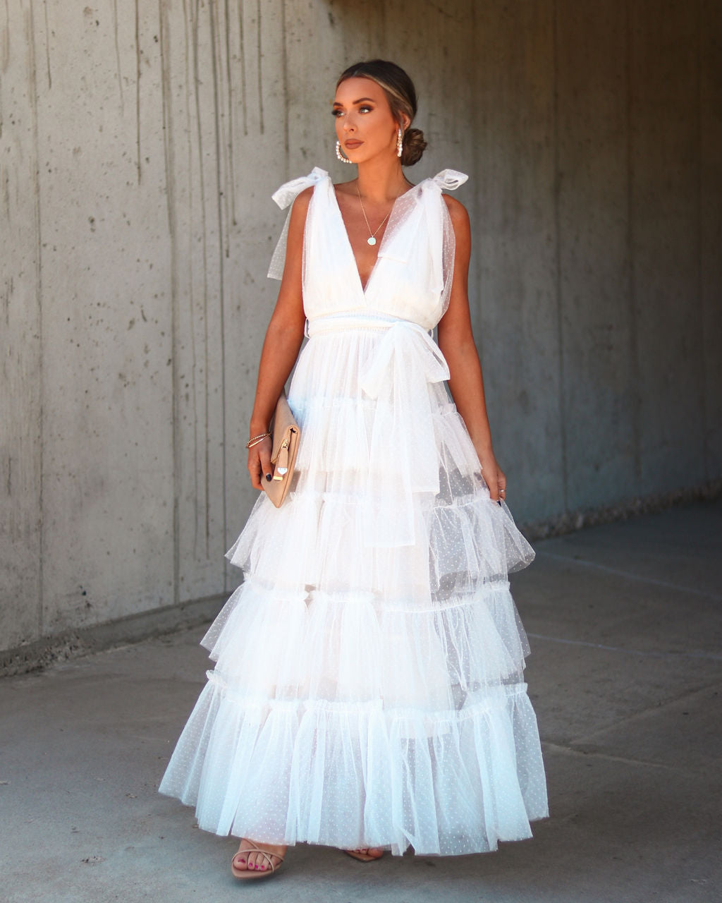 Belle Tiered Tulle Maxi Dress - Off White - Se7enfashion