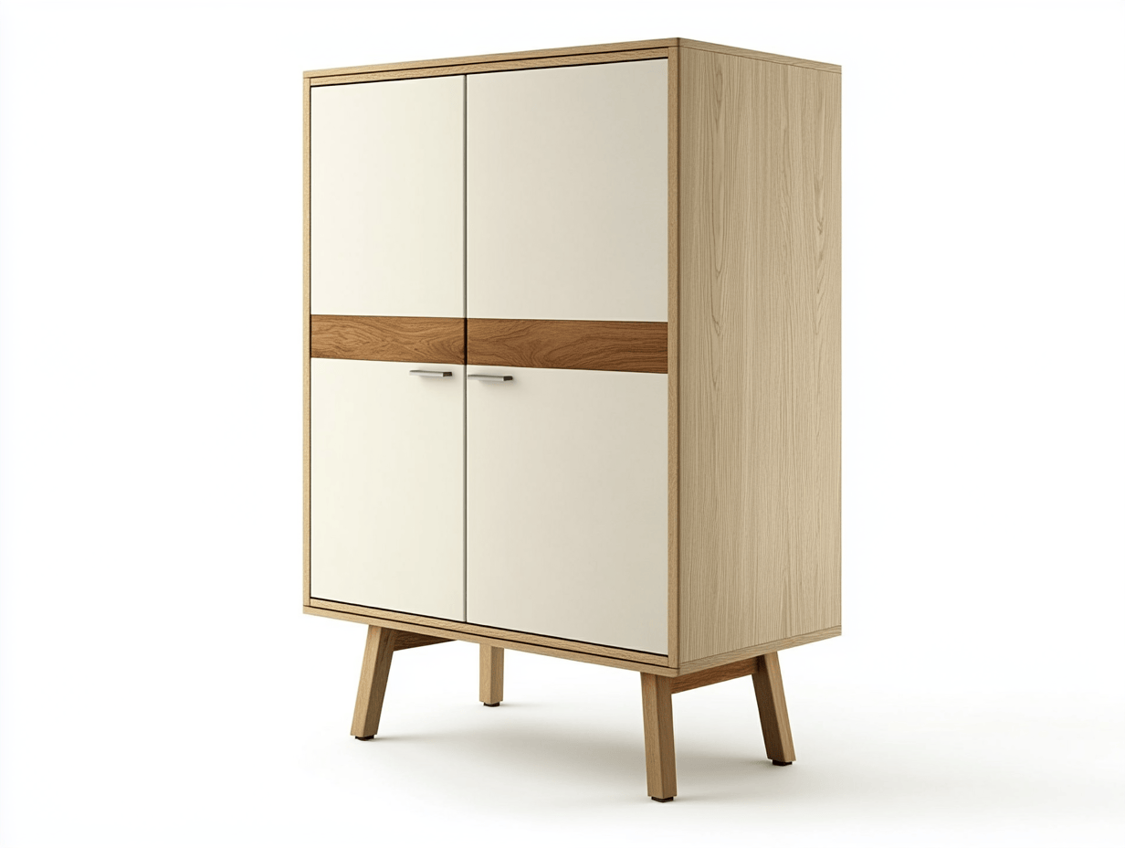 Armario Alto con Dos Puertas y Patas de Madera en Blanco y Madera Natural