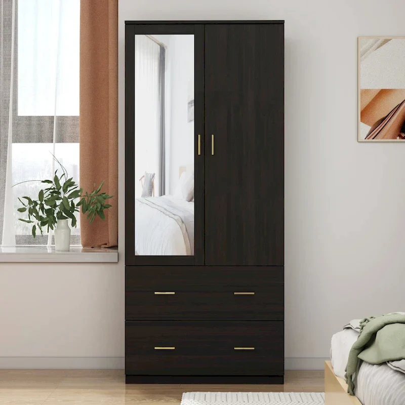 Modern Wardrobe Armoire with Mirror Door Hanging Rod and Drawers