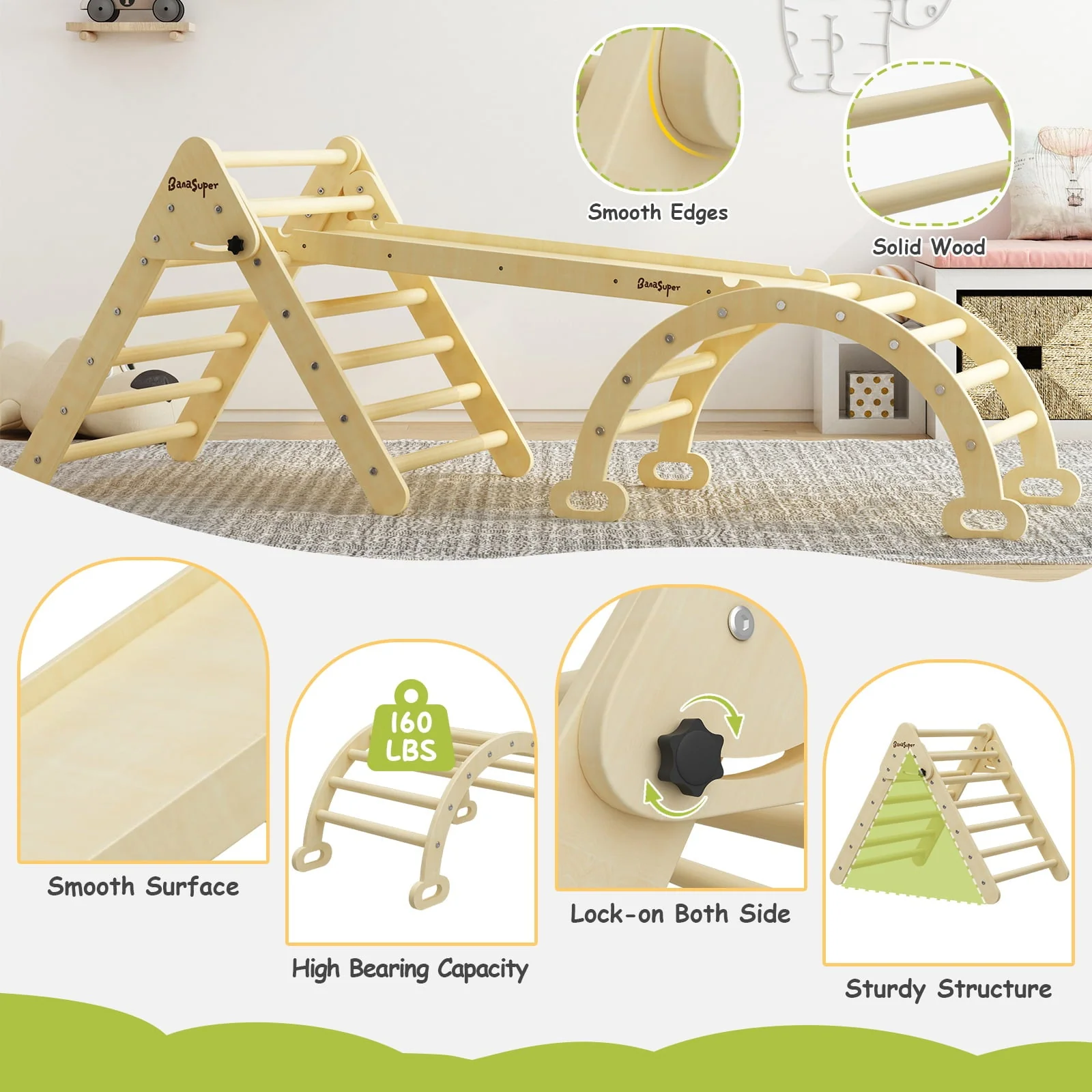 BanaSuper Large 3 in 1 Climbing Triangle Ladder with Ramp & Arch Foldable Wooden Climbing Triangle Set Montessori Climbing Toys for Baby Ourdoor Indoor Playground Play Gym Gift for Boys Girls - Image 2