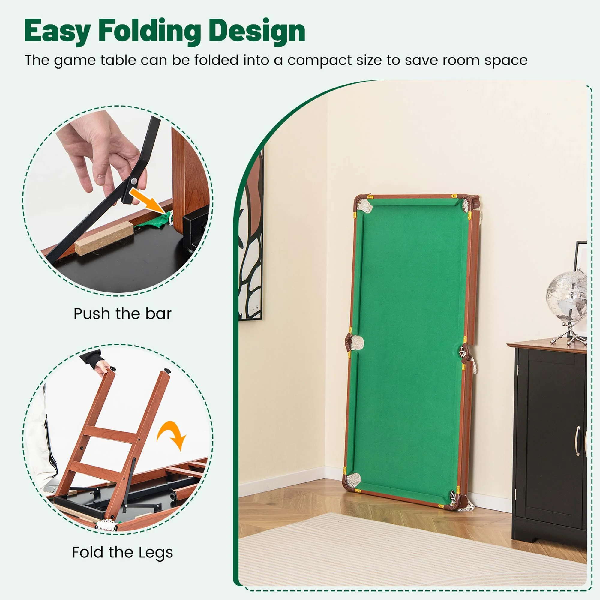 Costway Folding Pool Table Set with Foldable Legs Adjustable Foot Levelers 2 Cues 2 Chalks - Image 10