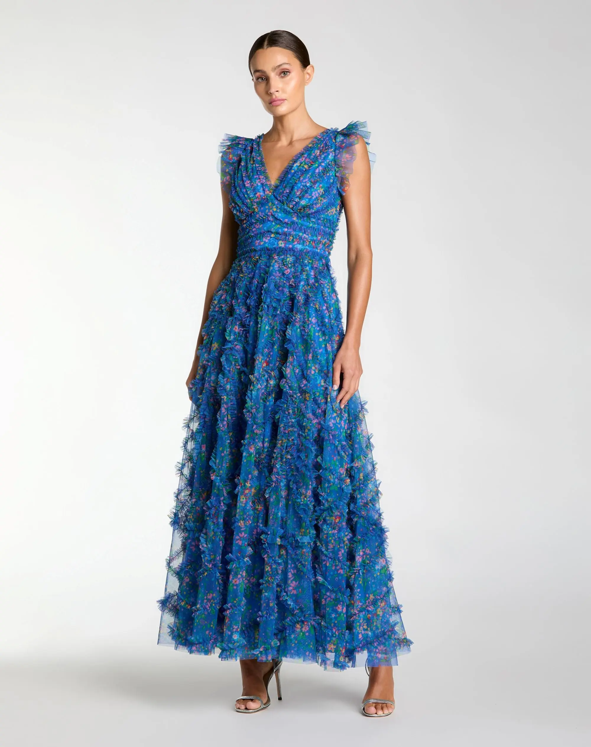 Blue Floral V-Neck Ruffle Maxi Dress - Special Events Unlimited