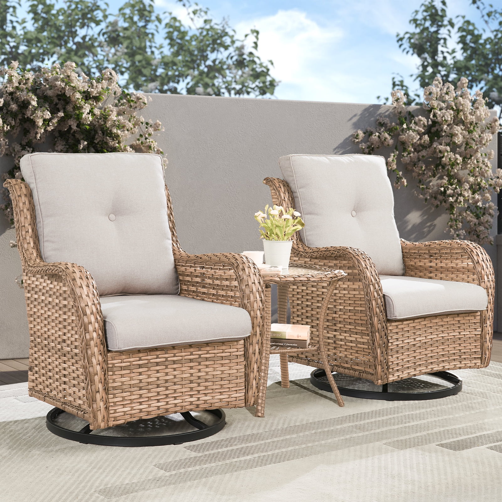 POCASSY 3 Piece Patio Set Outdoor Wicker Glider Rocking and Swivel Chairs with Cushions - Image 2