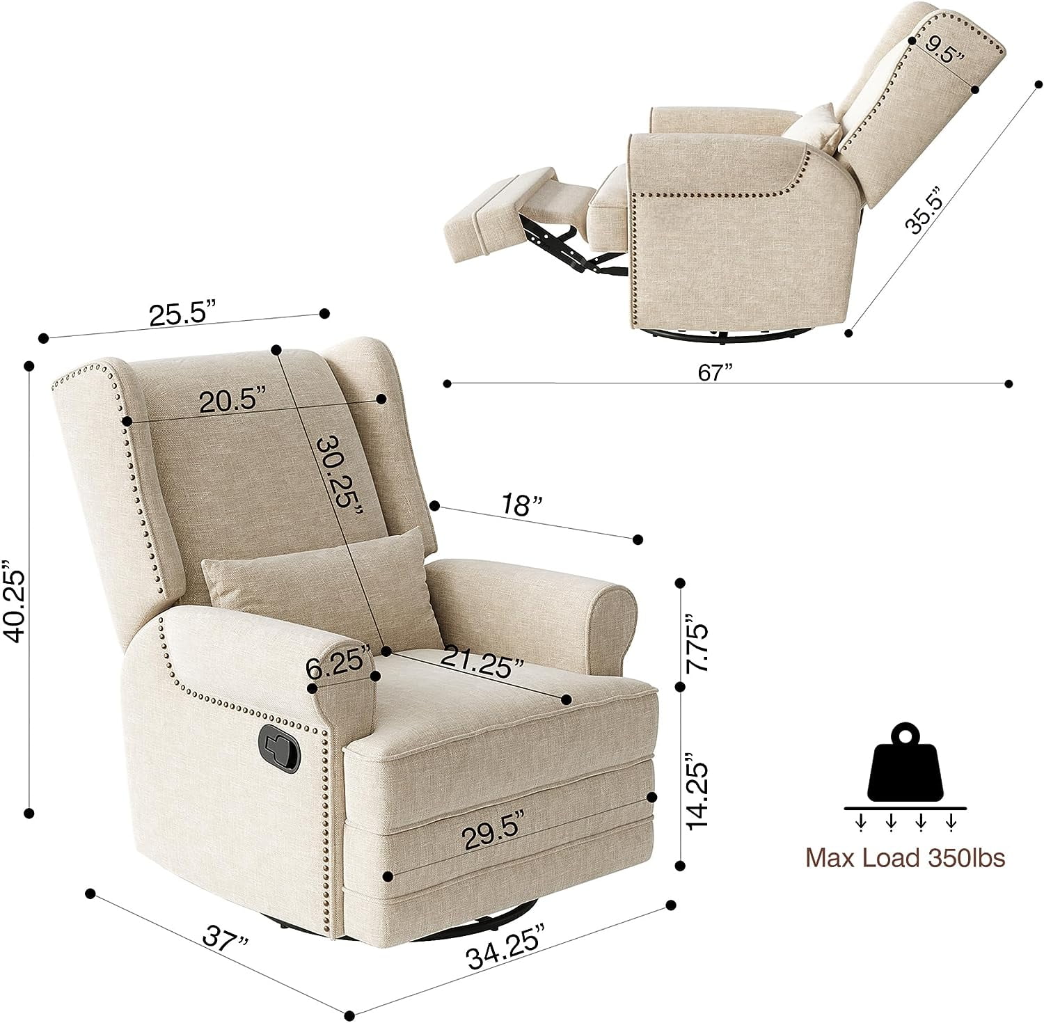 Royalcraft Swivel Nursery Glider Recliner, Comfy Upholstered Glider Chair with Lumbar Pillow and Footrest, Beige - Image 10