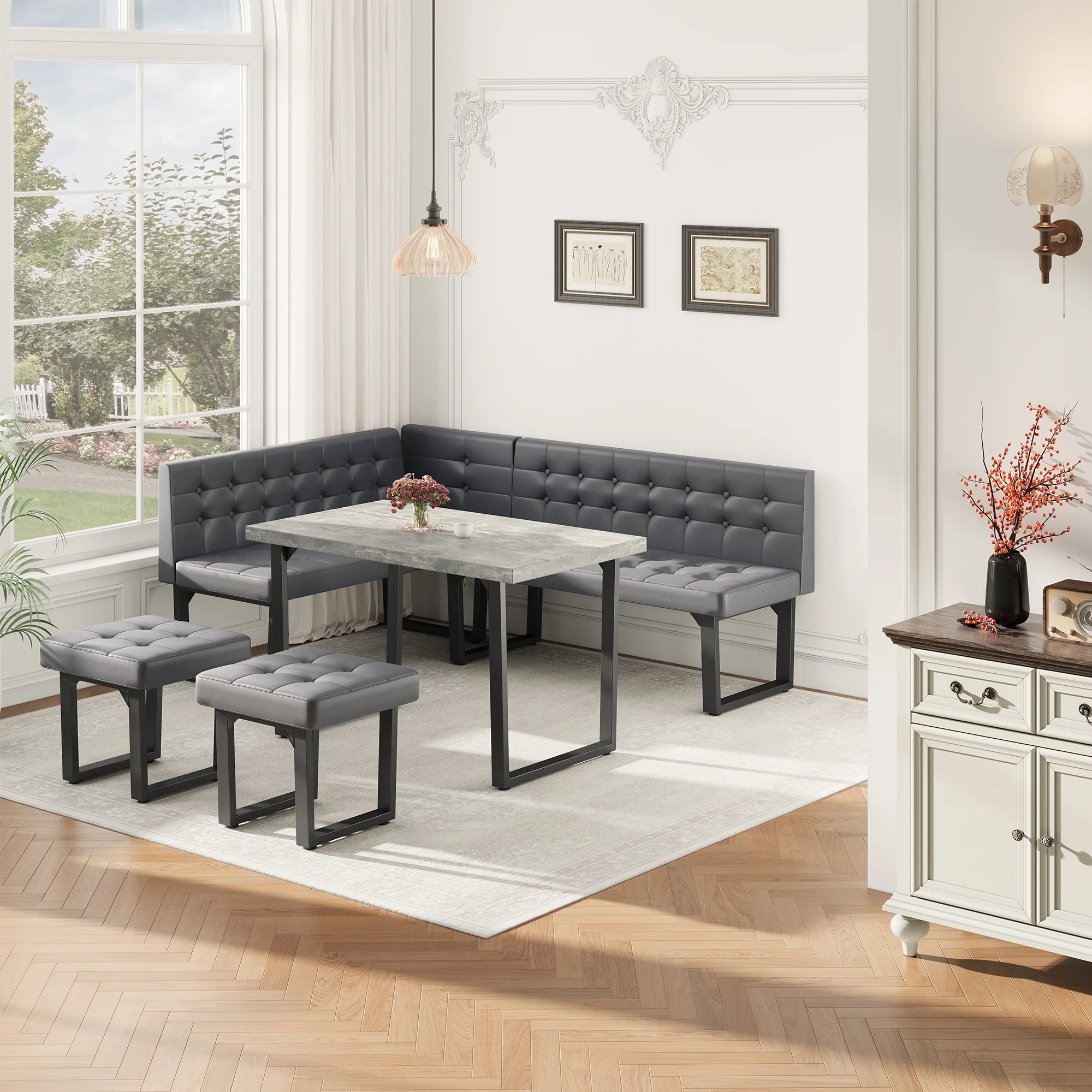 Brafab 5 Piece Corner Dining Breakfast Nook with Table and Bench Modern Kitchen Table Set with Gray Upholstered Banquette Seating - Image 2
