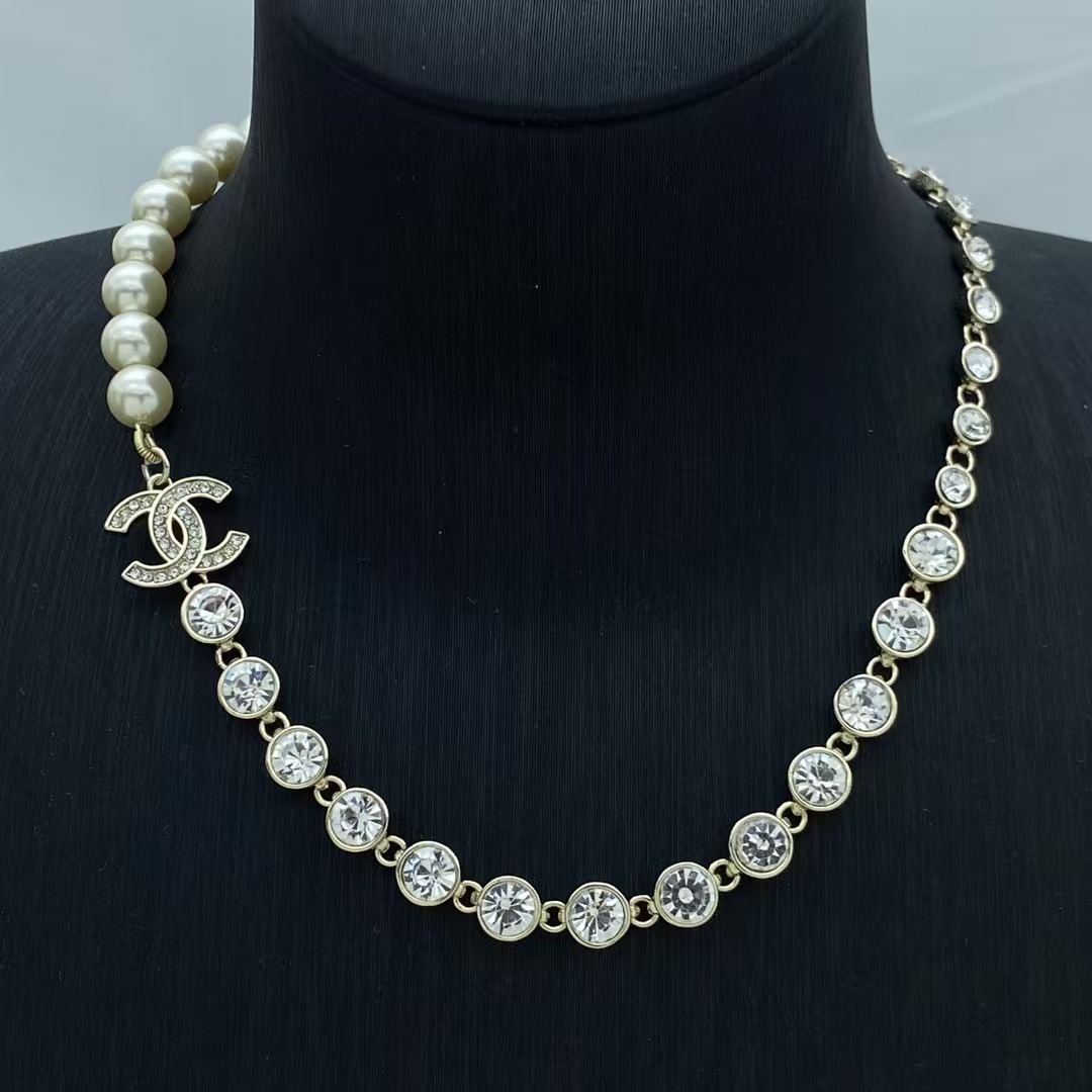 Chanel  Half Diamond Chain and Half Pearl Necklace - Original Replica Club