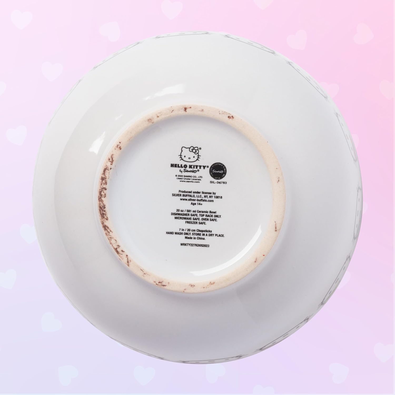 Silver Buffalo Sanrio Hello Kitty Face with Different Color Bows Pattern Ceramic Ramen Noodle Rice Bowl with Chopsticks, Microwave Safe, 20 Ounces