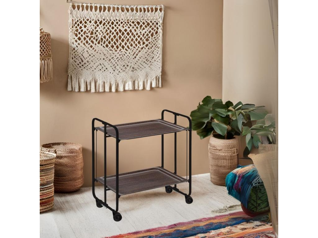 Carrito auxiliar plegable con ruedas - Estructura metálica negra, 2 estantes laminados color Wenghe – 72*66*43 cm - BAUHAUS