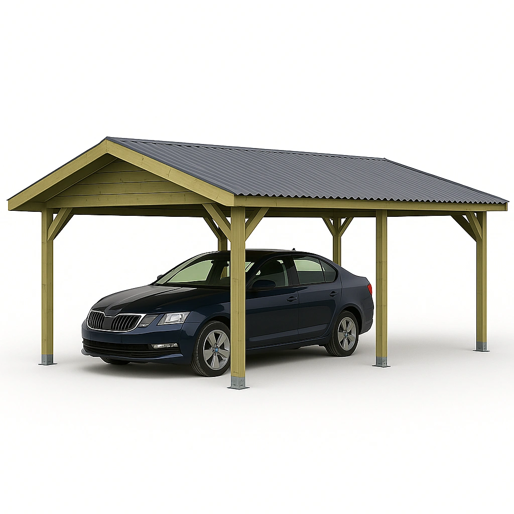 Pérgola para coche estructura de madera verde con tejado metálico 700x300x300 cm