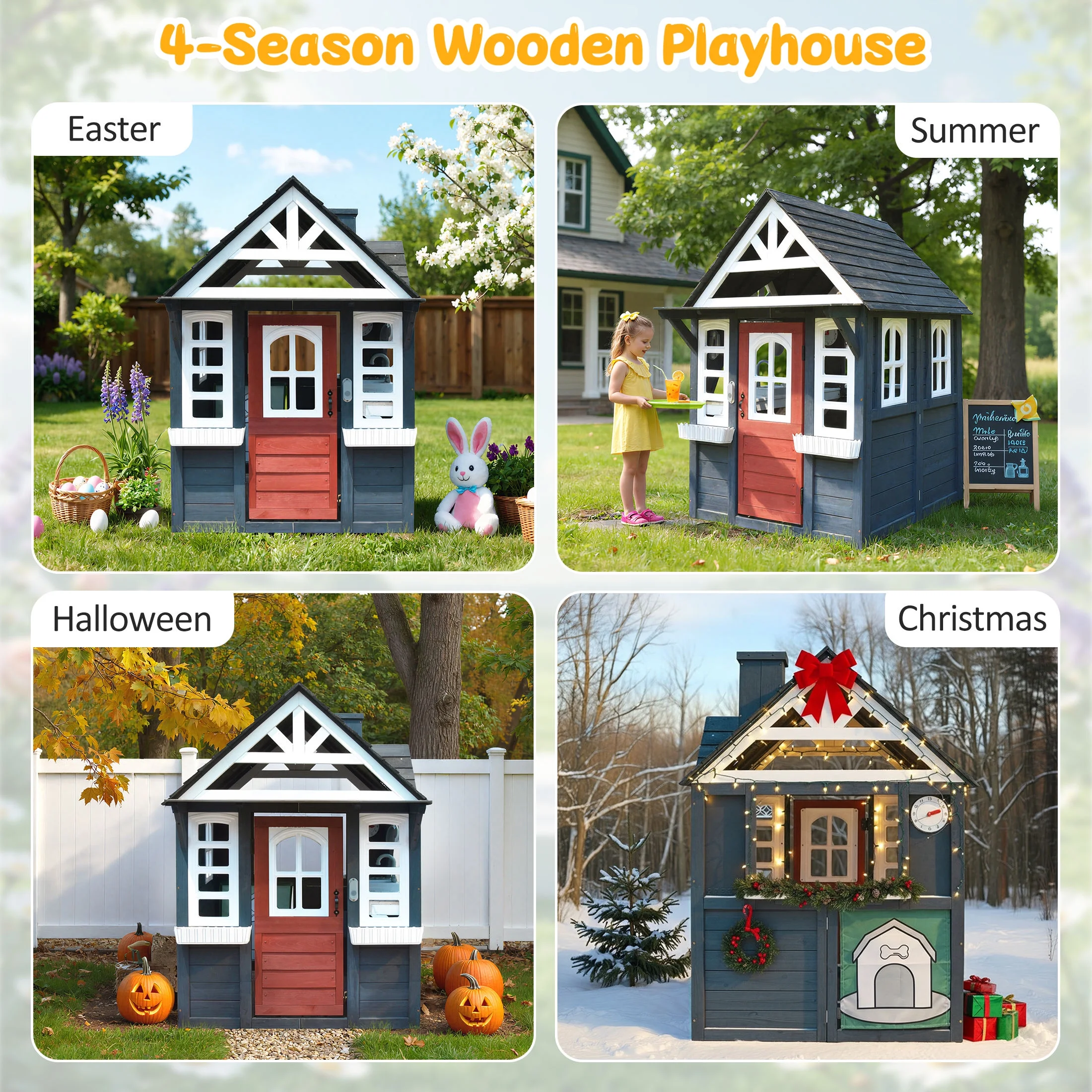COCLUB Outdoor Playhouse for Kids Ages 4-8, Wooden Play House with Doorbell, Phone, Kitchen Toys, Outdoor Kids Play Equipment, Casa Para Ni?as (45-L x 65-H), White & Black - Image 18