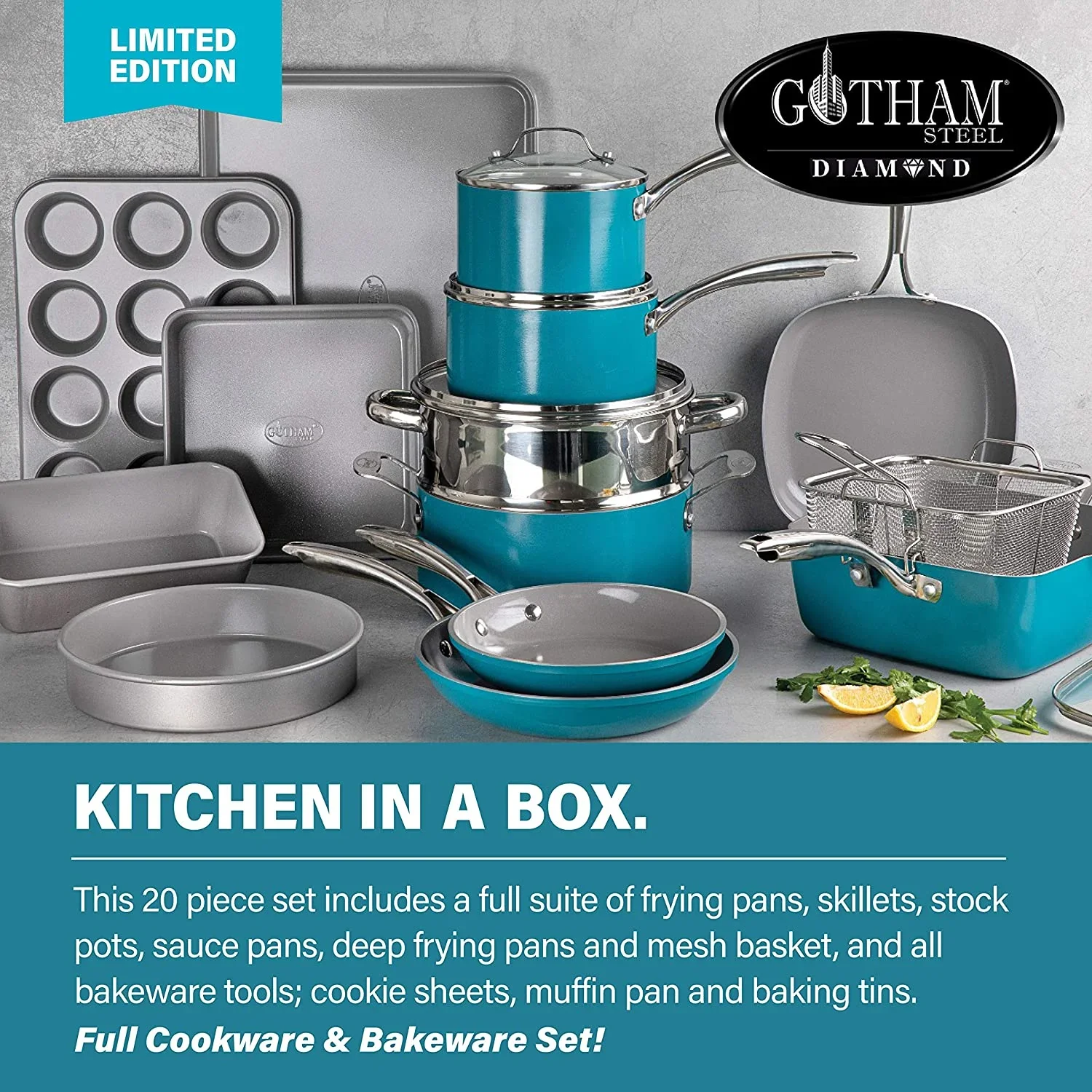 Gotham Steel Nonstick Pots and Pans 20 Piece Kitchen Ceramic Cookware Set Bakeware Cooking Frying Skillet Sauce Pan Aqua Blue