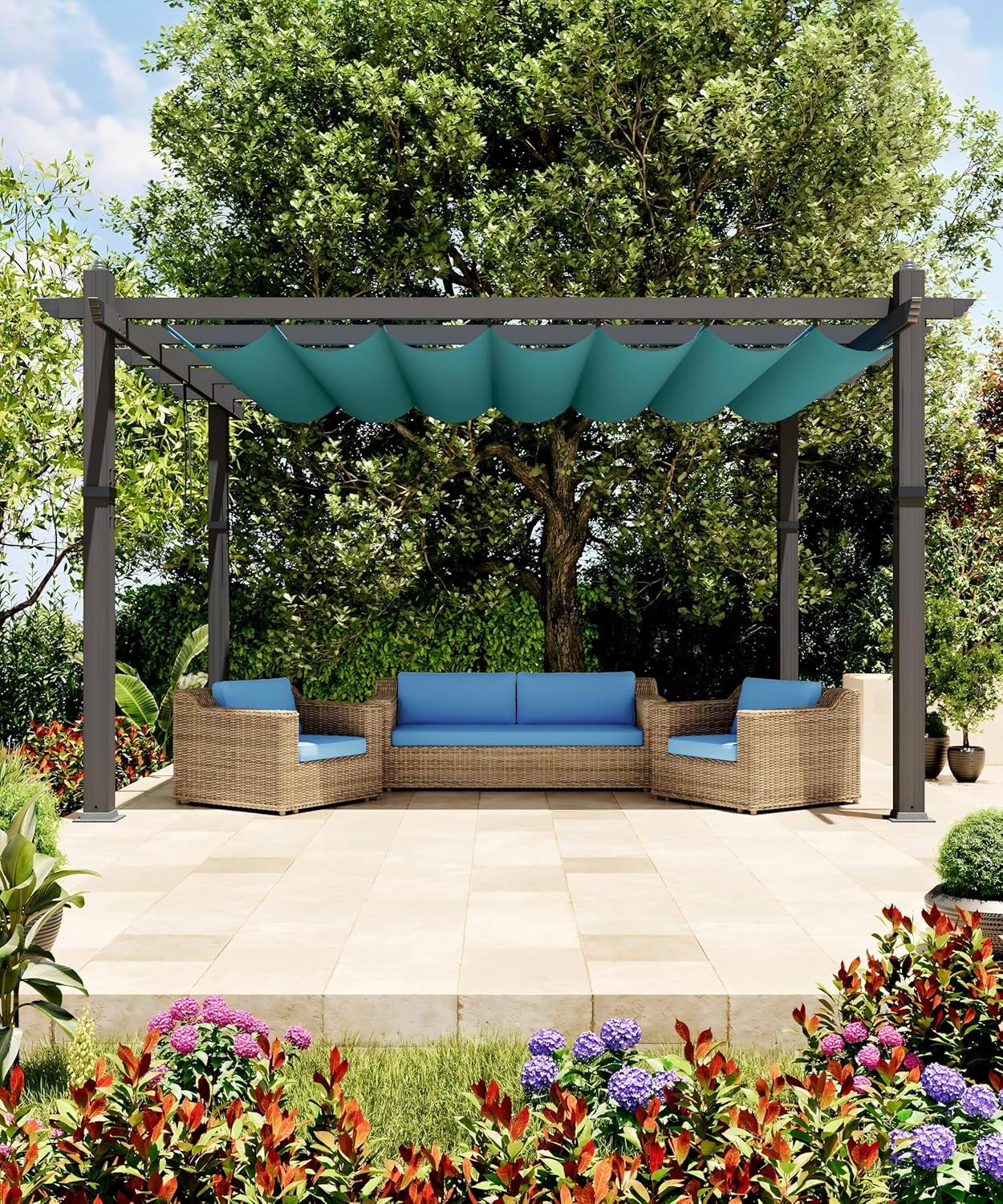 EastVita 10x10 Ft Aluminum Pergola,Outdoor Pergola with Adjustable Canopy,Reinforced Frame Metal Pergola for Backyard,Garden and Deck - Khaki - Image 17