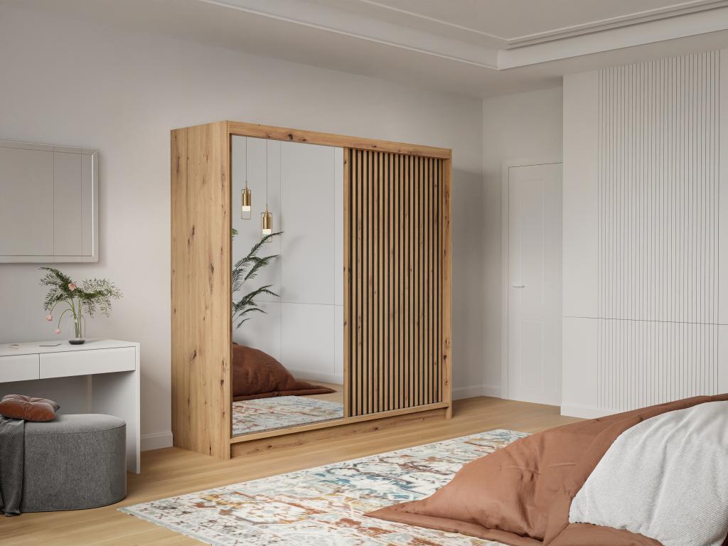 Armario de 2 puertas correderas con espejo - l203 cm - natural y negro