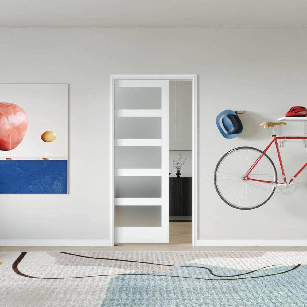 TENONER 32 in. x 80 in. Panel Glass Sliding Door, Single Door Panels White Wood Pocket Door Frame, Hardware Included(32 in X 80 in)
