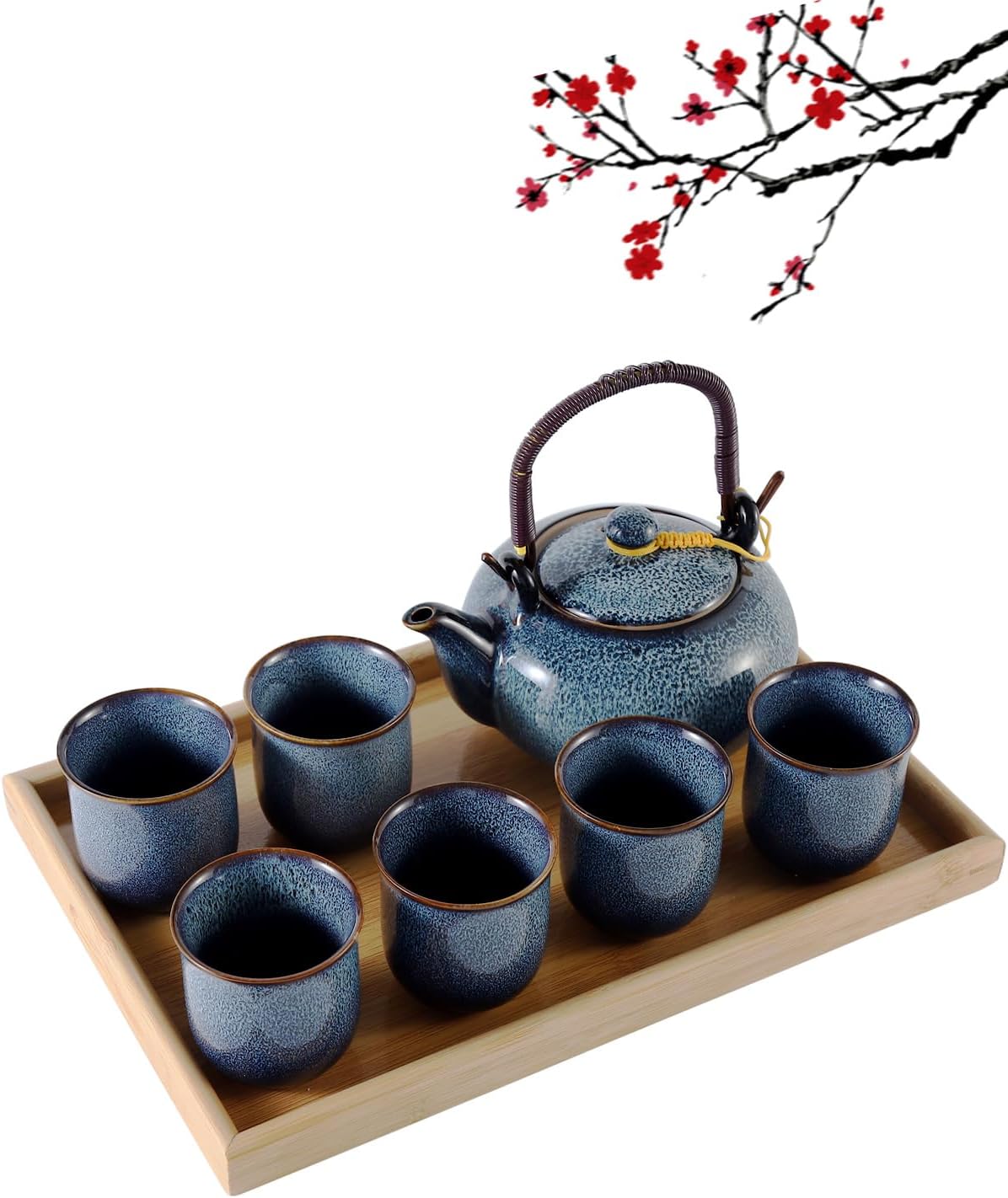 Dujust Japanese Tea Set, Black Porcelain Tea Set with 1 Teapot Set, 6 Tea Cups, 1 Tea Tray, 1 Stainless Infuser, Beautiful Asian Tea Sets for Adults, Tea Lover/Women/Men (Countryside in Golden)