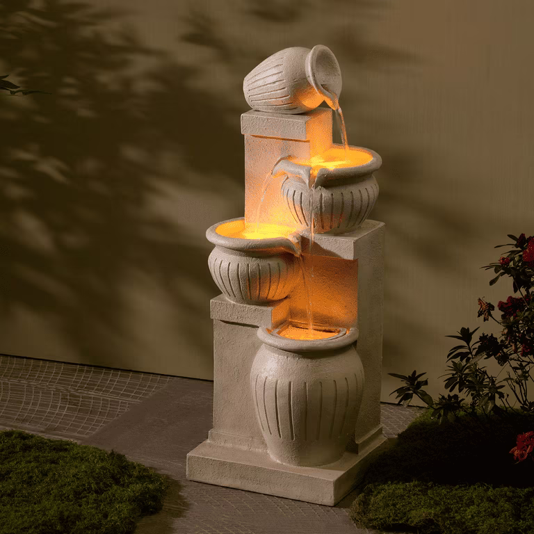 Teamson Home Outdoor Water Fountain with Lights-C 4-Tier Cascading Bowl Design with LED Light & Solar Pump, Solar-Powered Water Fountain Outdoor Garden, Yard, or Patio D-cor, Navy Blue - Image 3