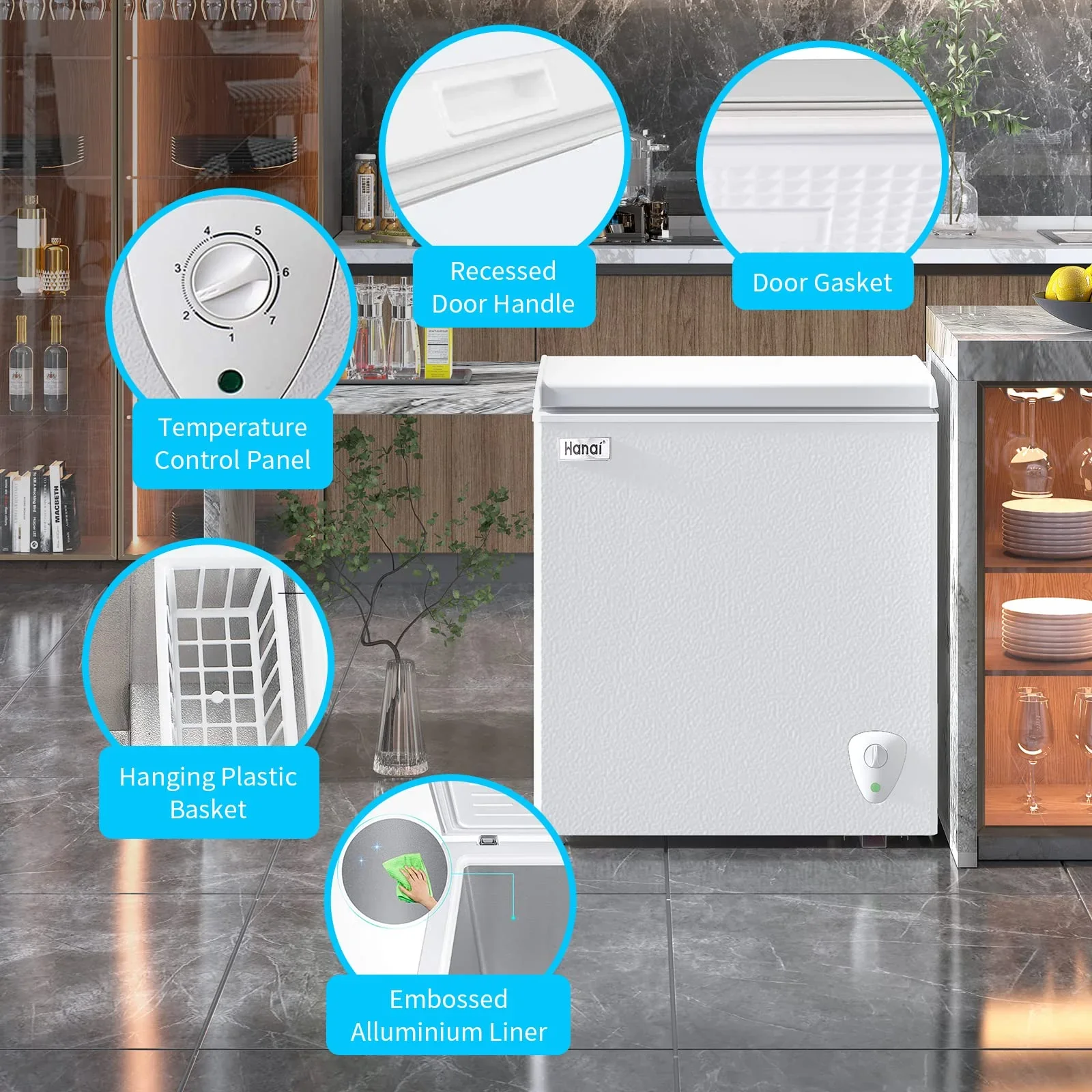5.0 Cubic Chest Freezer - Compact Deep Freezer with Top Open Door and Removable Storage Basket, 7 Gears Temperature Control, Energy Saving, for Office Dorm or Apartment