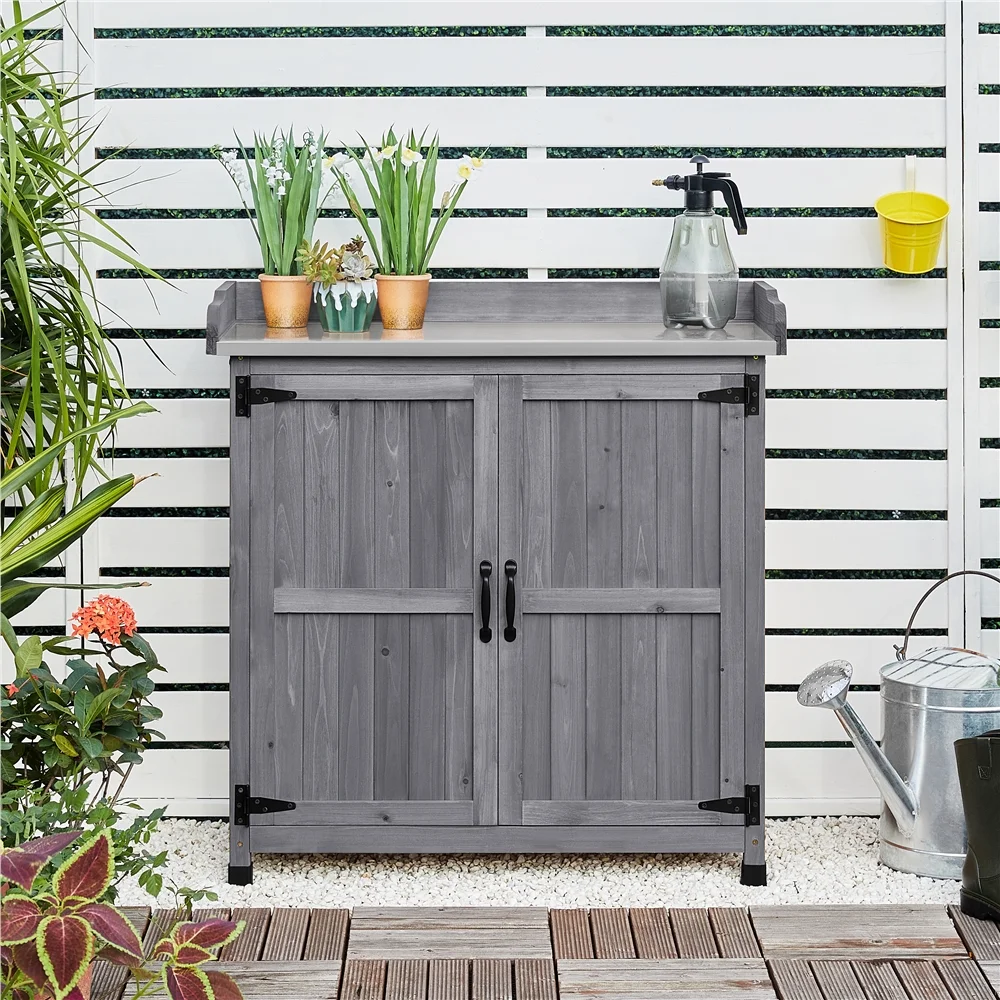 Renwick Garden Potting Bench Table with Cabinet, Brown - Image 12