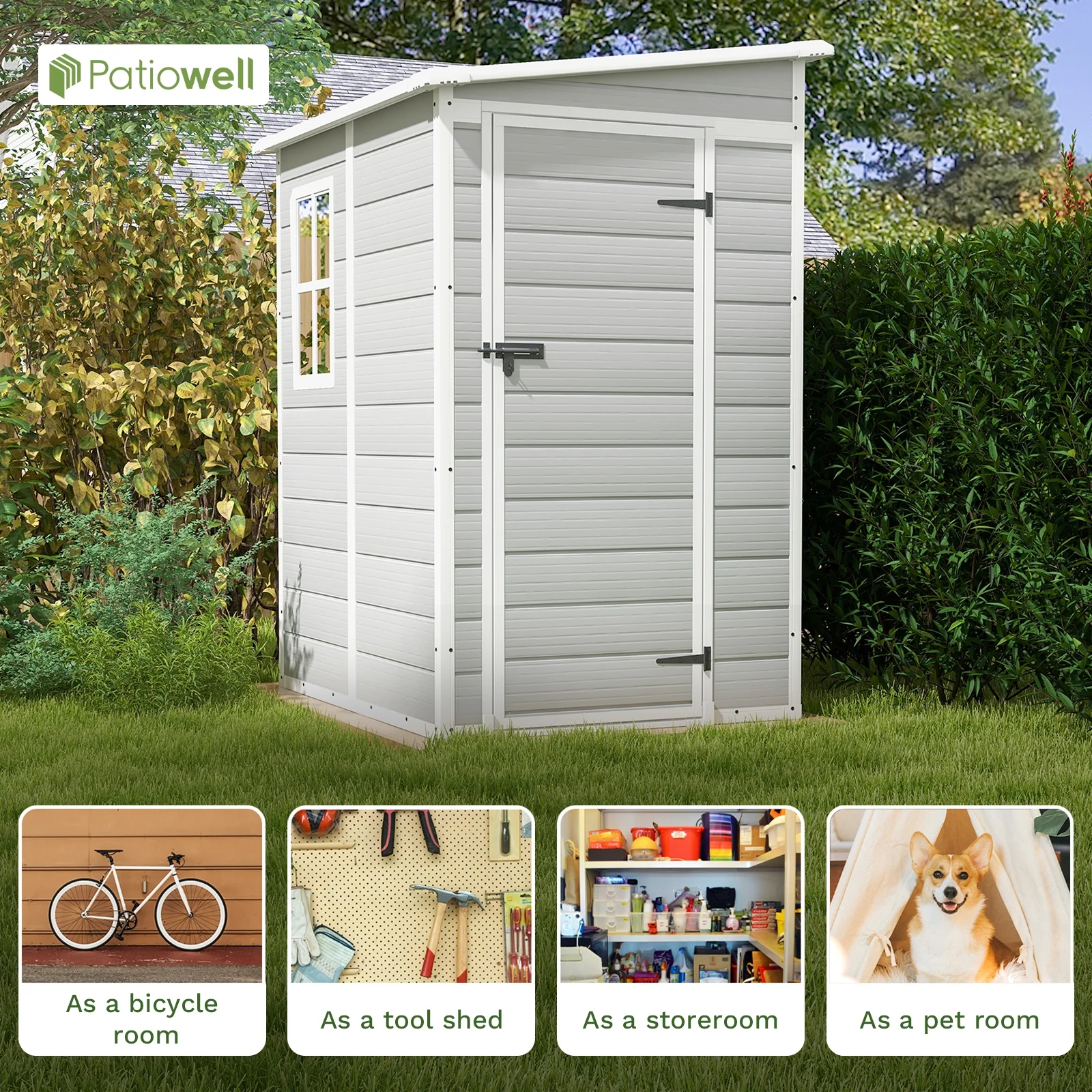 Patiowell 5x4 FT Outdoor Storage Shed, Resin Storage Shed with Floor & Window & Lockable Door for Patio Furniture, Garden Tools and Bicycle, White - Image 2