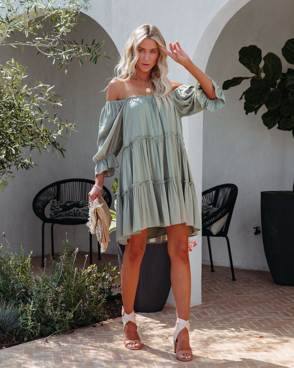 Samson Off The Shoulder Ruffle Tiered Dress - Sage - SALE - Se7enfashion