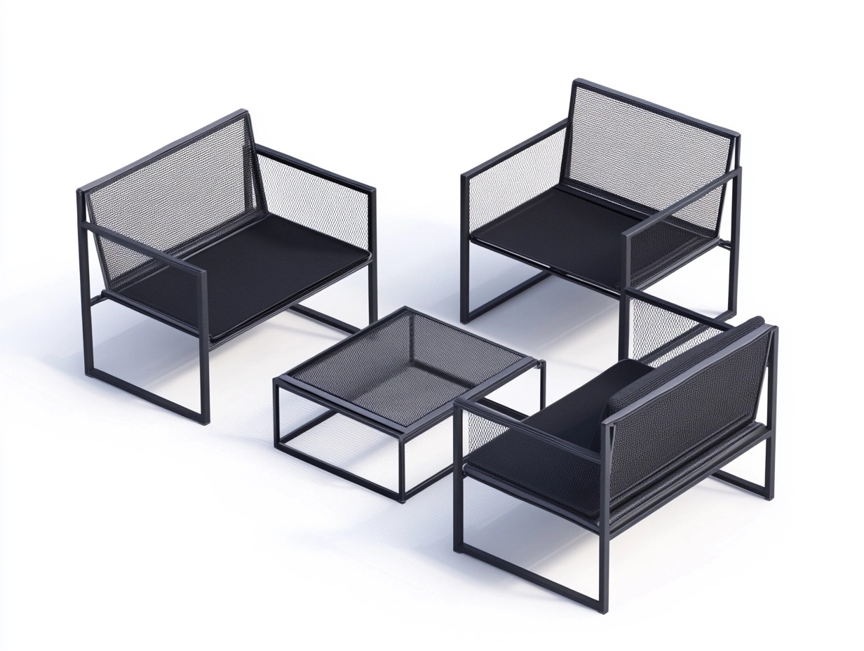 Conjunto de sofá y mesa de exterior en metal y malla negra