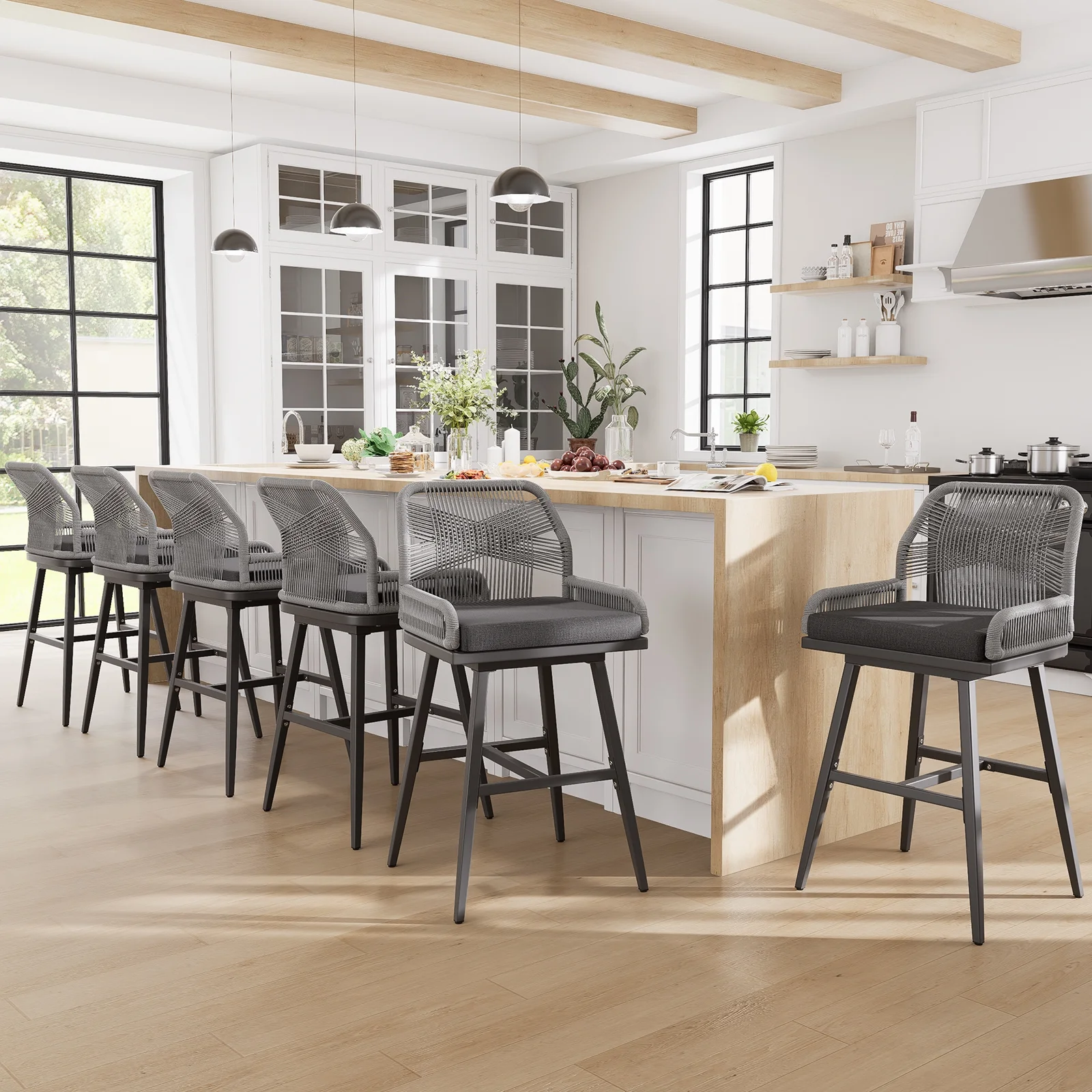 MEISSALIVVE Set of 2 Rattan Swivel Bar Stools, 26" Counter Height with Woven Rope Back, Cushioned Patio Bar Chairs for Kitchen, Garden, Beige - Image 11