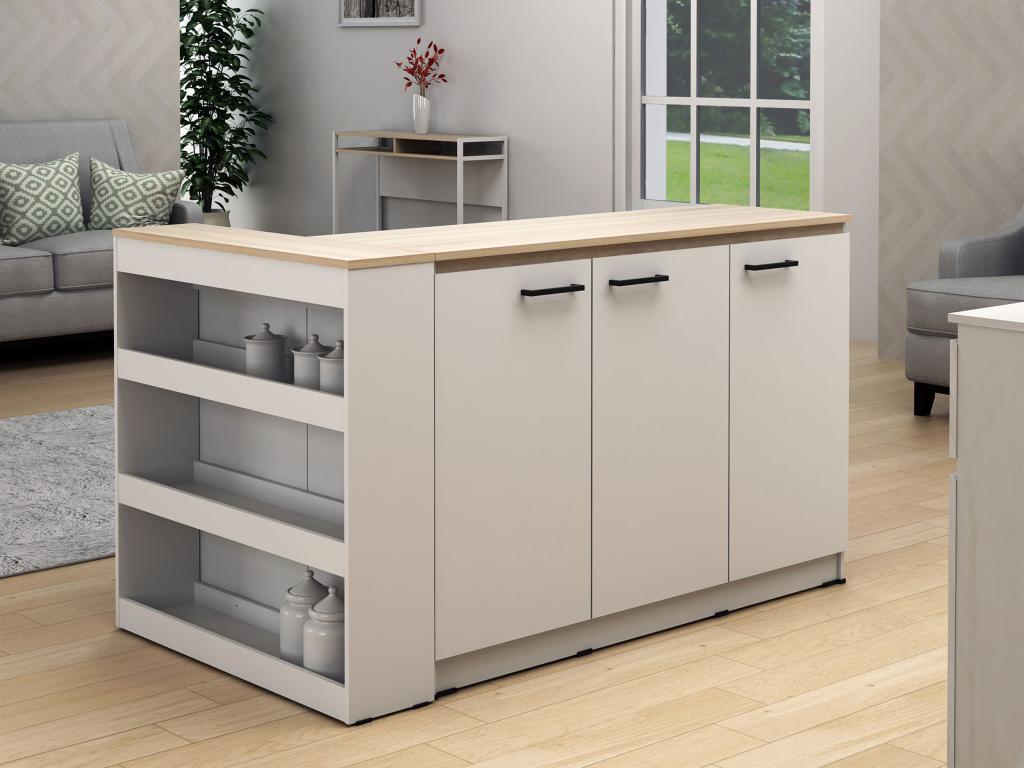 Conjunto de isla central de cocina + 2 taburetes - Blanco y Natural claro - NUSICE