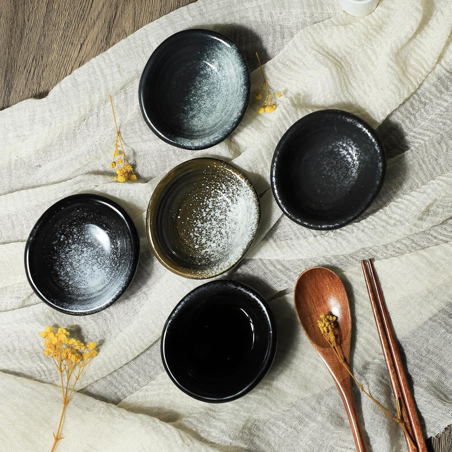 Set of 5 Japanese Vintage Style Ceramic Side Dishes - Retro Black Seasoning Dishes - 3.5 Inch