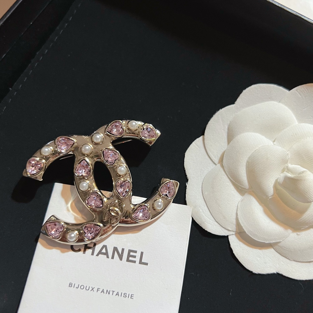 Chanel Pink Heart Diamond Paved CC Brooch - Original Replica Club