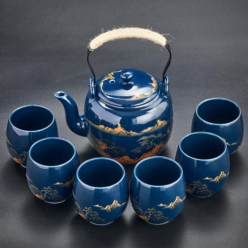 Gift Set Japanese Tea Set, Asian Black Glazed Ceramic Tea Set - Contains 1 Teapot, 1 Tea Strainer and 6 Teacups. Ideal for Home, Outdoor, Office (Black2)