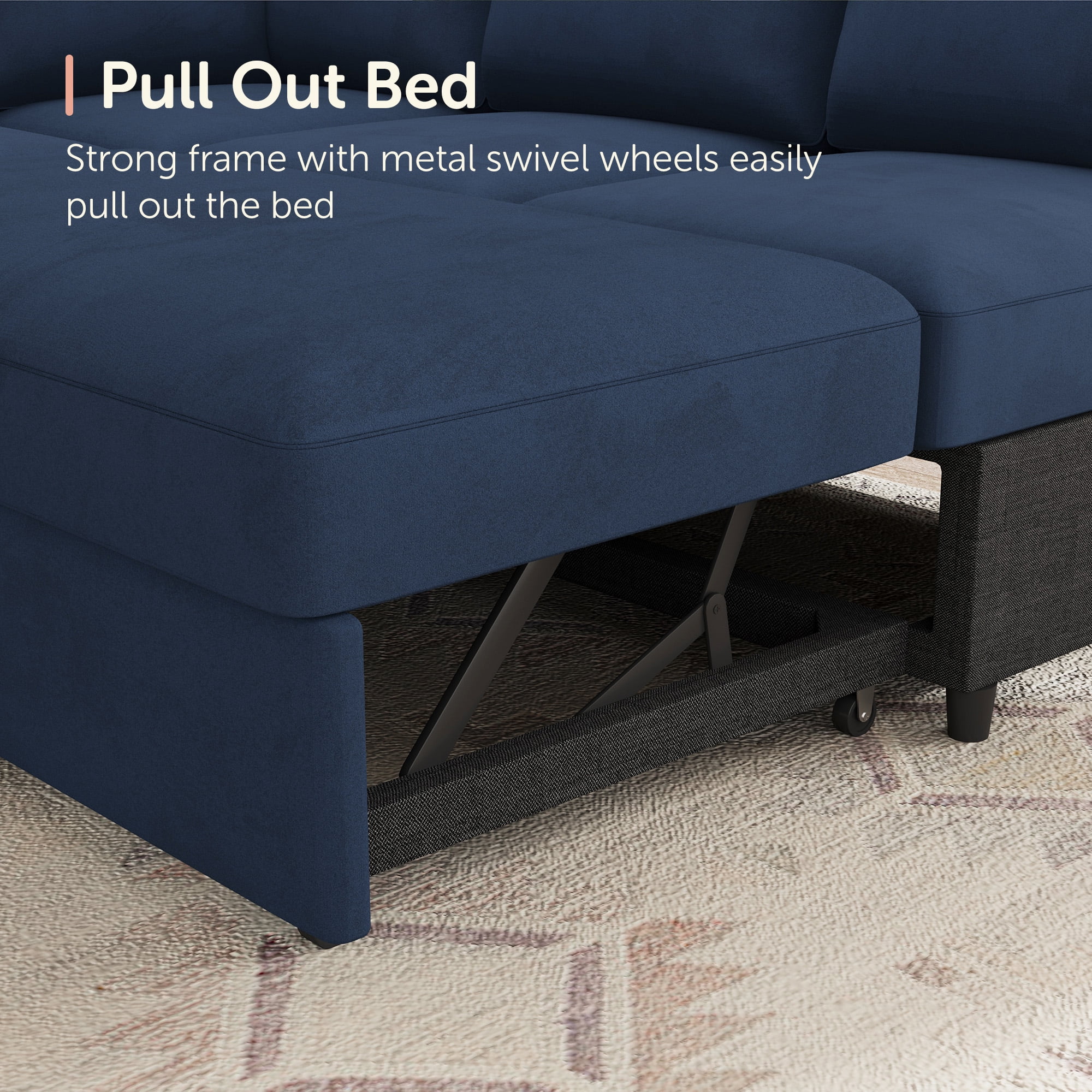 HONBAY Modular Sectional Pull-Out Sofa Bed with Storage Velvet U-Shaped Convertible Sleeper Sofa for Living Room, Blue - Image 6