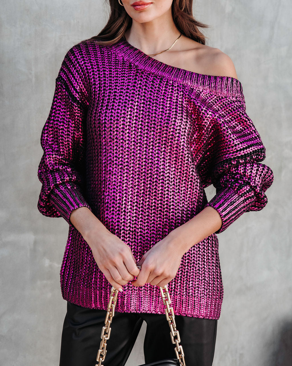 Delightful Cheer Metallic Knit Pullover Sweater - Hot Pink - Se7enfashion