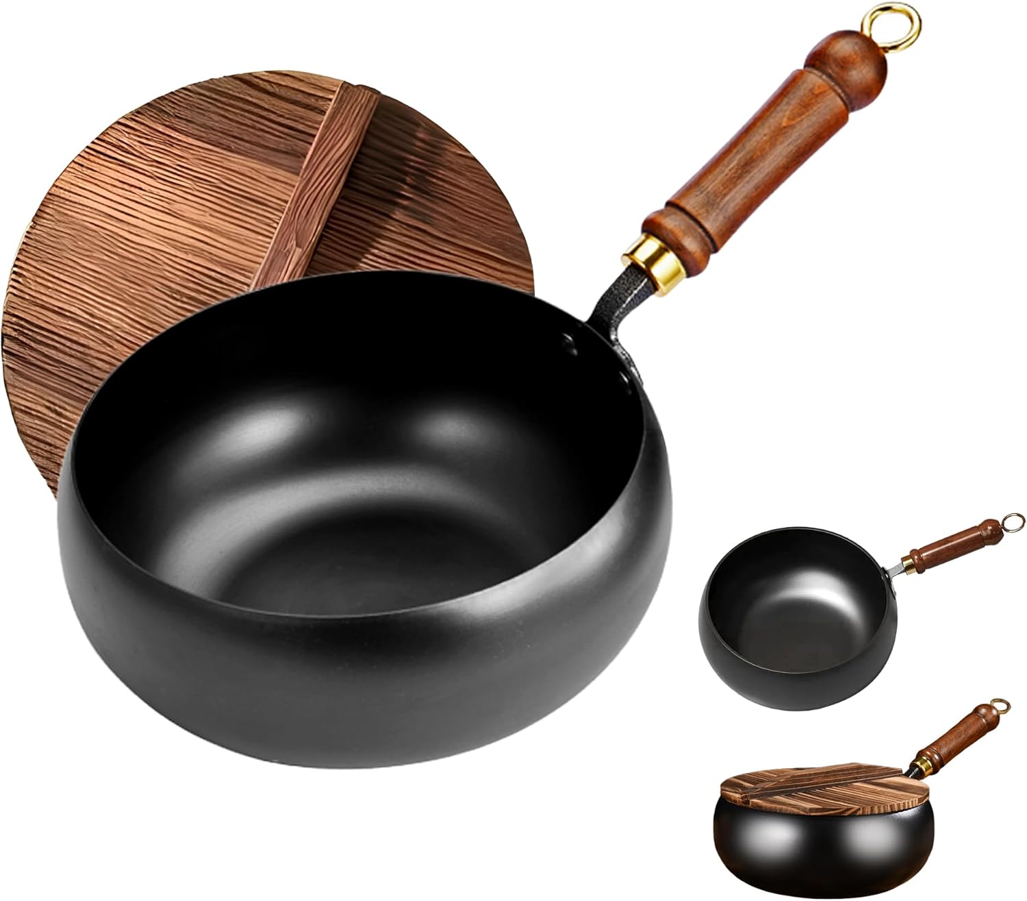 MACTANO Uncoated Iron Pan, Nonstick Wok Hand Forged Iron Pan with Lid Stir Fry Wok Skillet for Cooking - 9.44IN