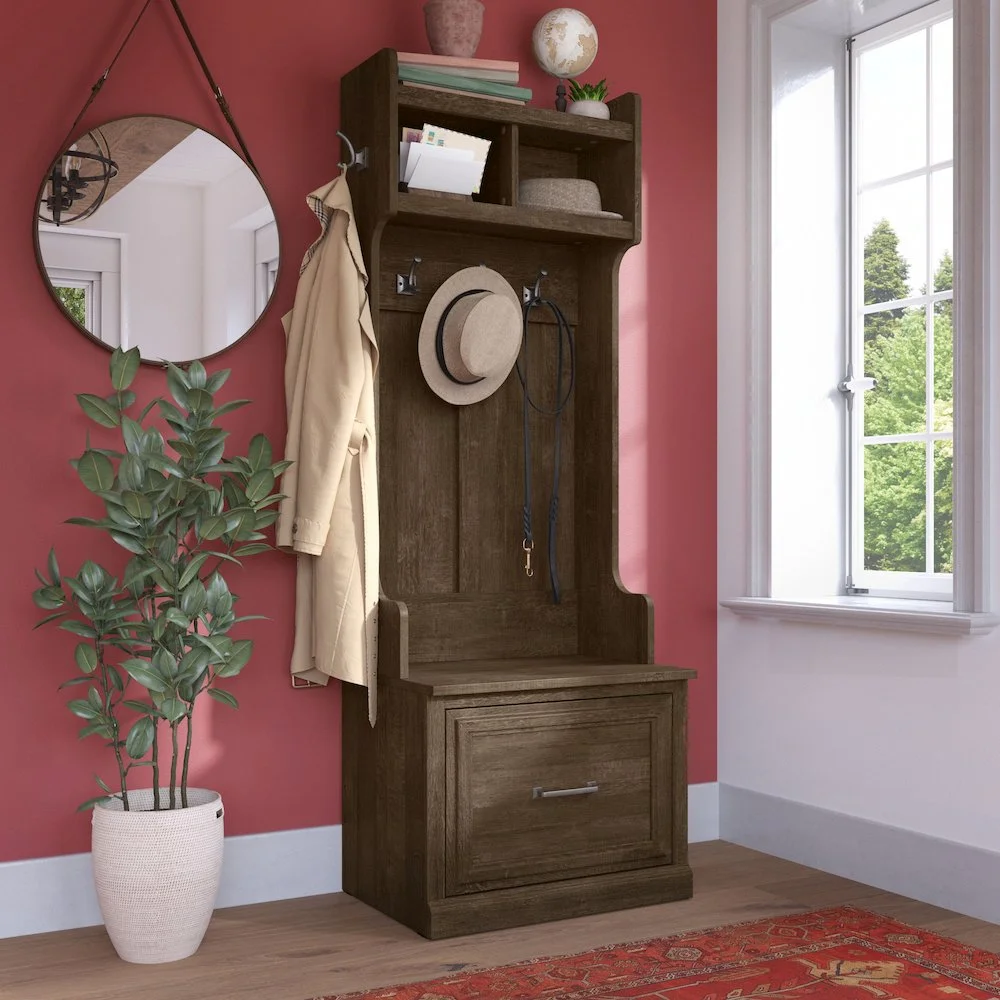 Woodland 24W Hall Tree & Shoe Bench w/ Drawer in White Ash - Engineered Wood - Image 20