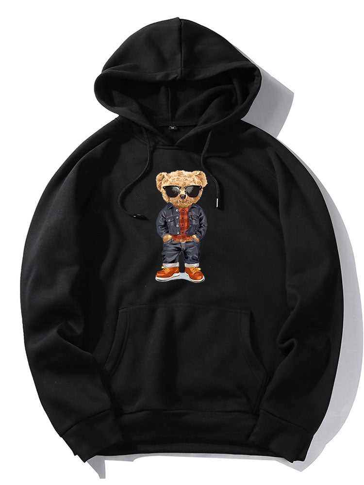 Denim Bear Print Hoodie