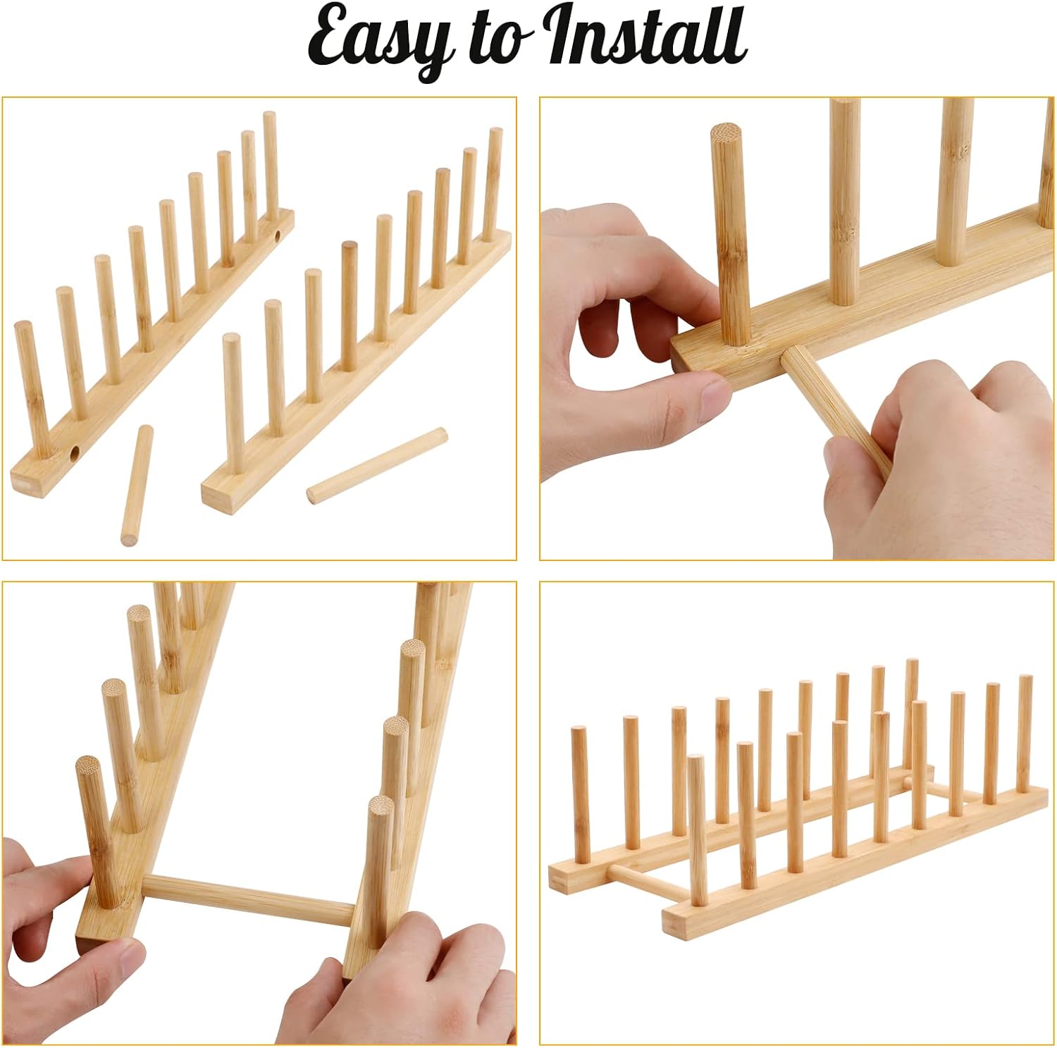 2PC Bamboo Wooden Dish Drying Rack, 8-Slot Plate Rack Cabinet Dish Stand Organizer for Kitchen Counter, Drainer Storage Holder for Bowl/Cup/Lid/Cutting Board/Book, Space-Saving Design
