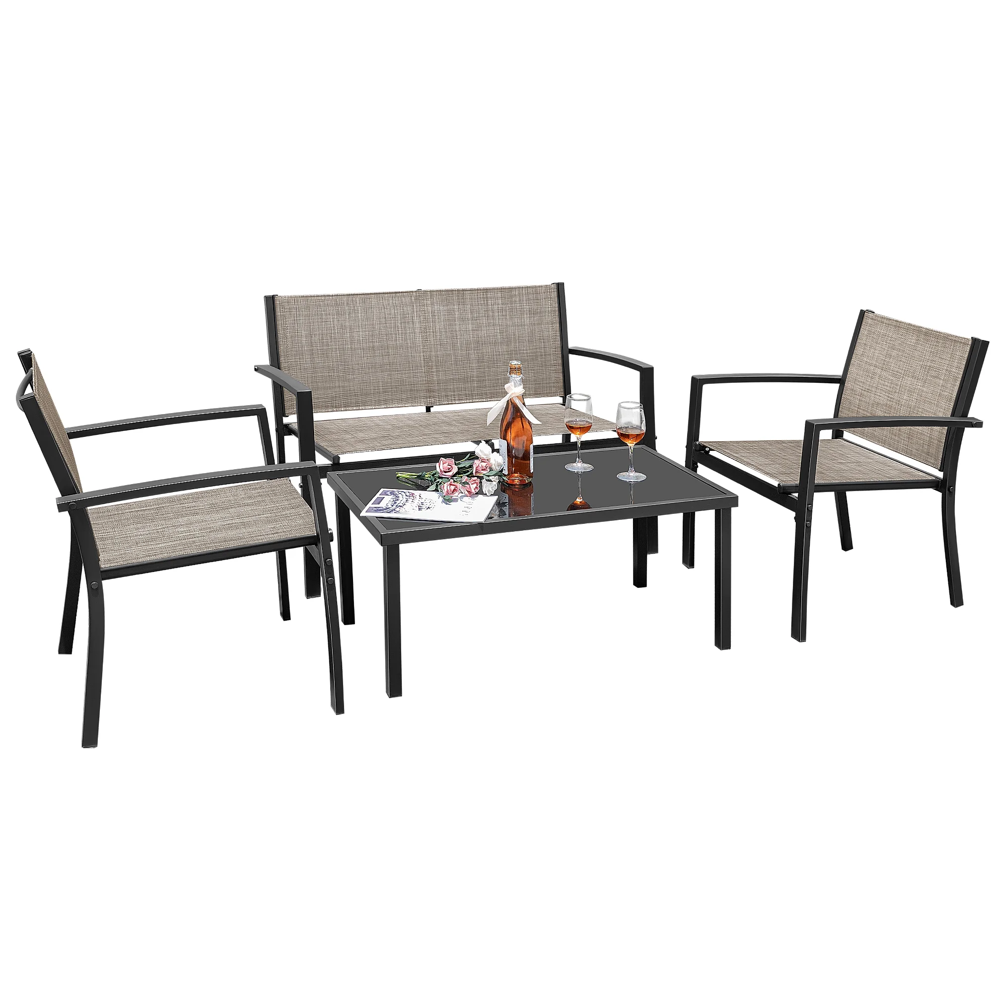 LACOO 4 Pieces Outdoor Furniture Set Patio Textilene Steel Conversation Set with Loveseat Tea Table for Lawn and Balcony, Black - Image 20