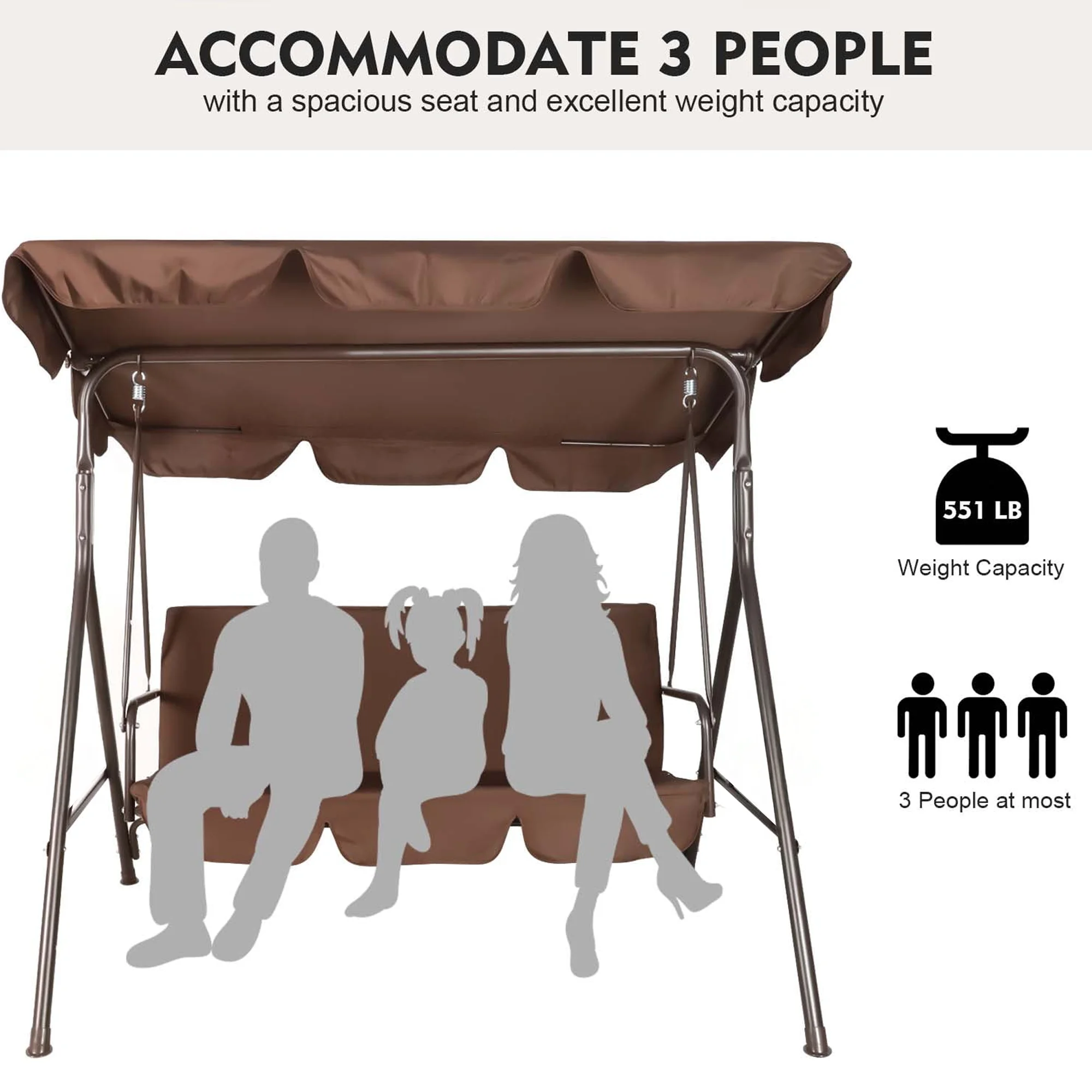 GVDV 3-Seat Steel Porch Paito Swing with Stand,Outdoor Swing Chair with Canopy,Yard swing&Outside swing,Canopy Swing-Brown - Image 8