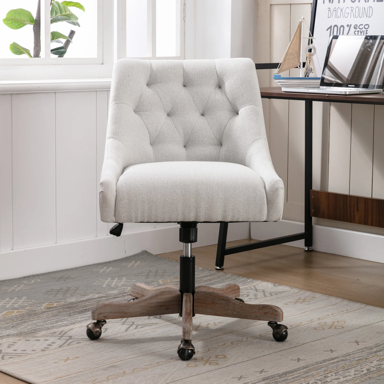 360 Degree Swivel Office Desk Chair, Upholstered Leisure Vanity Chair with Solid Wood Base and Wheels, Adjustable Height Computer Chair for Bedroom Living Room, Brown - Image 11