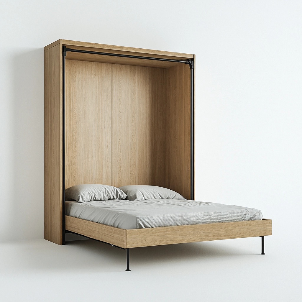Cama abatible de matrimonio 150x200 cm madera roble para dormitorio multifuncional