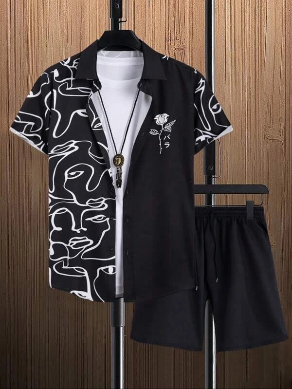 Suitmens Men's Hawaiian Print Short Sleeve Shirt Set 009