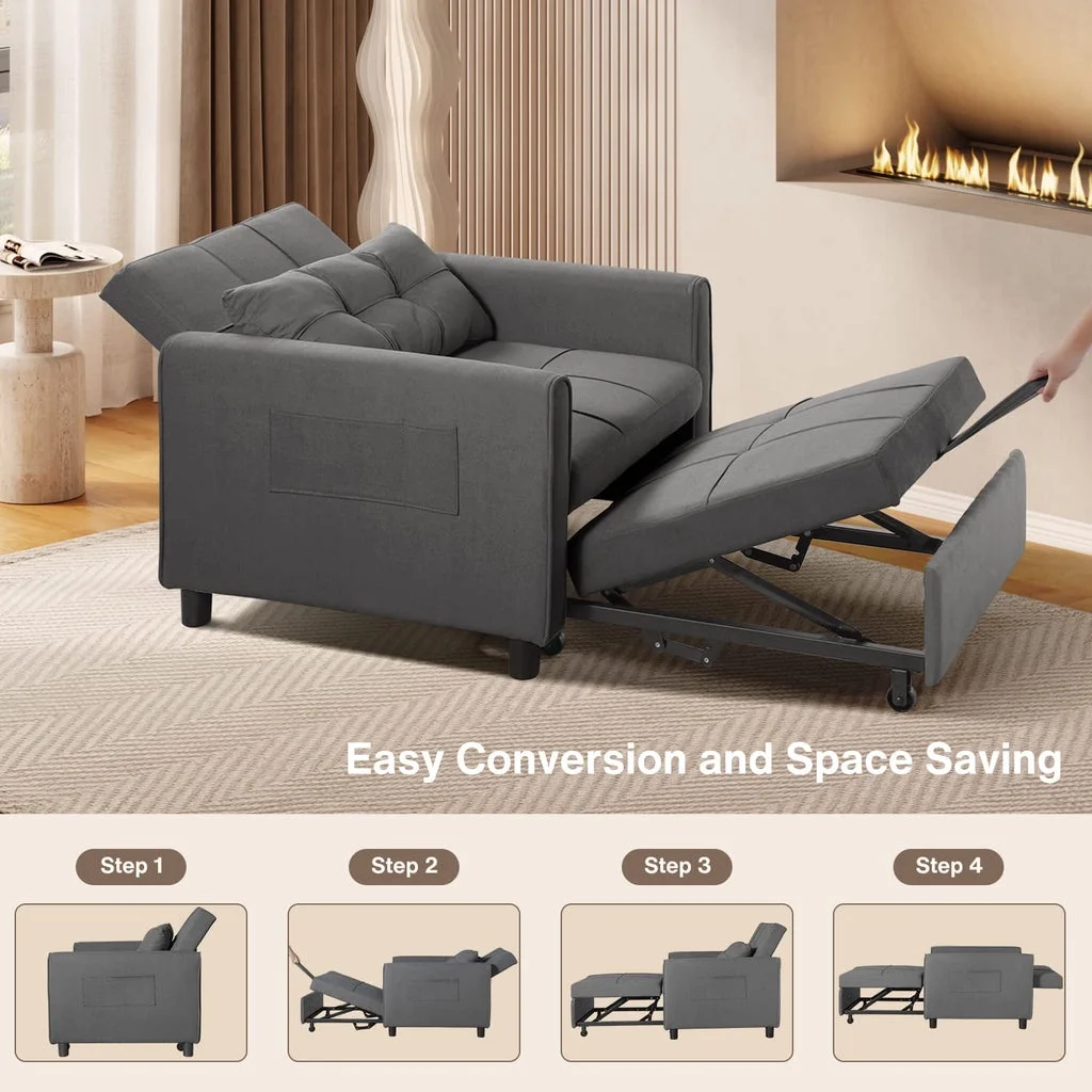 Convertible Sleeper Chair, Aiho 3-in-1 Convertible Sofa Bed Recliner Chair with Pull Out Couch - Dark Gray - Image 2