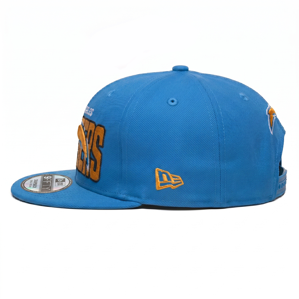 New Era 9FIFTY LA Chargers Blue Snapback Cap, Side and Rear View, Gold Logos
