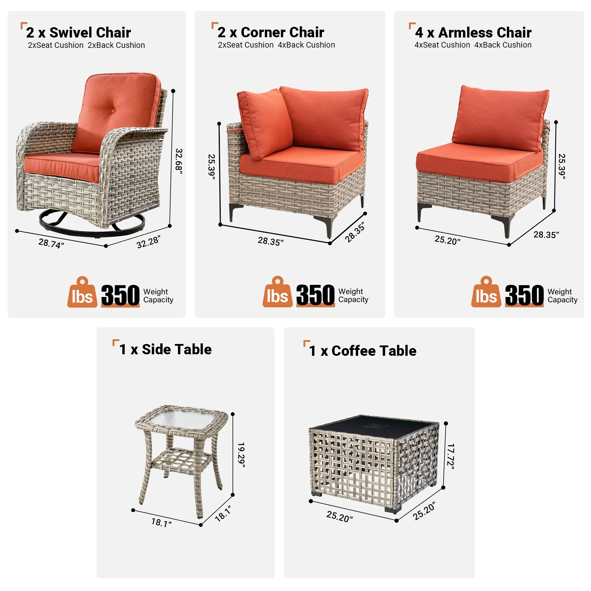 Vcatnet Outdoor Patio Furniture Sets 10 Pieces Sectional Sofa Wicker Conversation Set with Swivel Glider Chairs and Solar Powered Coffee Table for Porch,Backyard,Gray - Image 18
