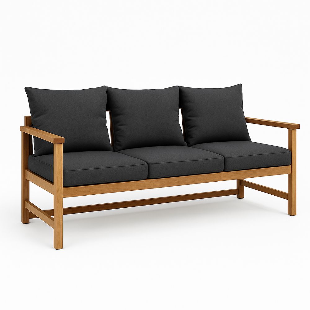 Sofá de jardín moderno de madera con cojines gris oscuro,estilo minimalista,diseño ergonómico