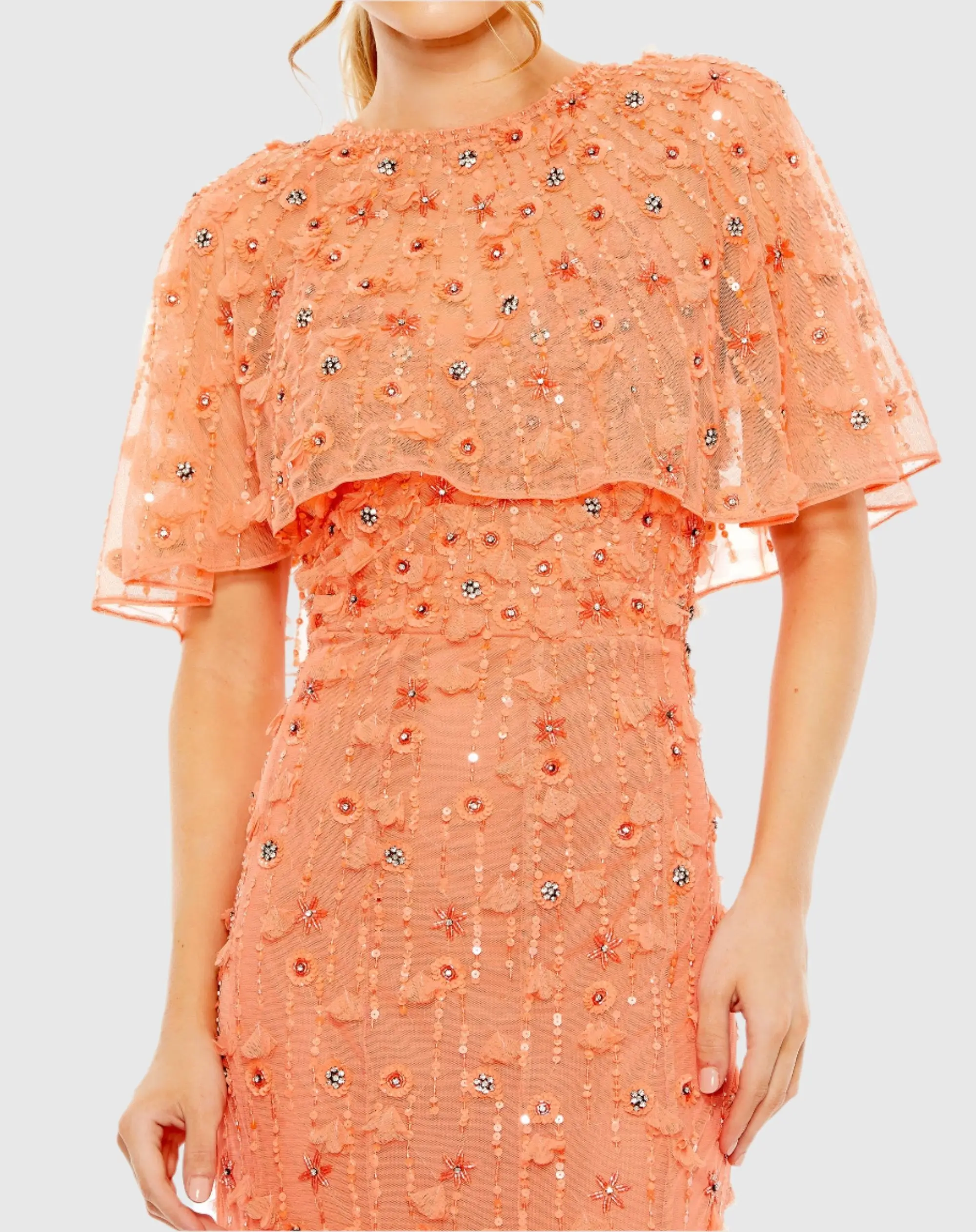 Orange Embellished Illusion Cape Sleeve Trumpet Gown - Special Events Unlimited